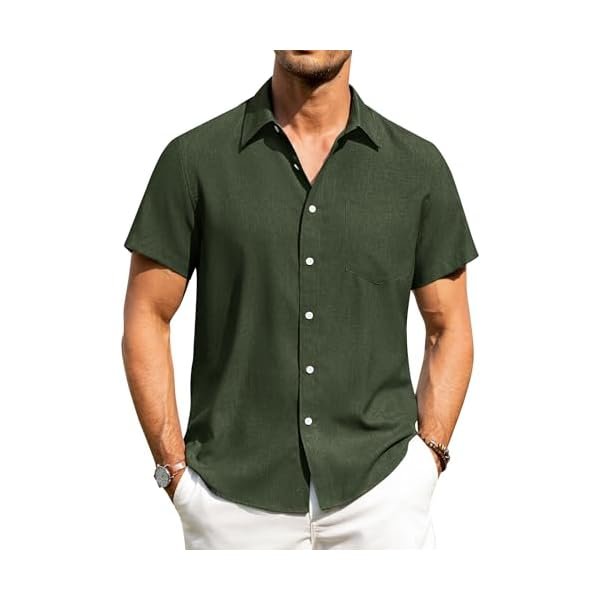 Mens Linen Shirts Short Sleeve Button Down Shirts Wrinkle Free Casual Vacation Beach Summer Tops