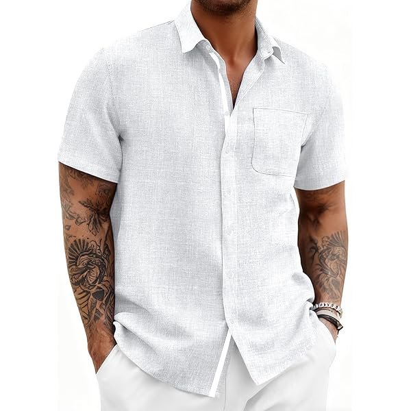 Mens Linen Button Down Shirts Casual Short Sleeve Shirt Summer Beach Wedding Tops with Pocket