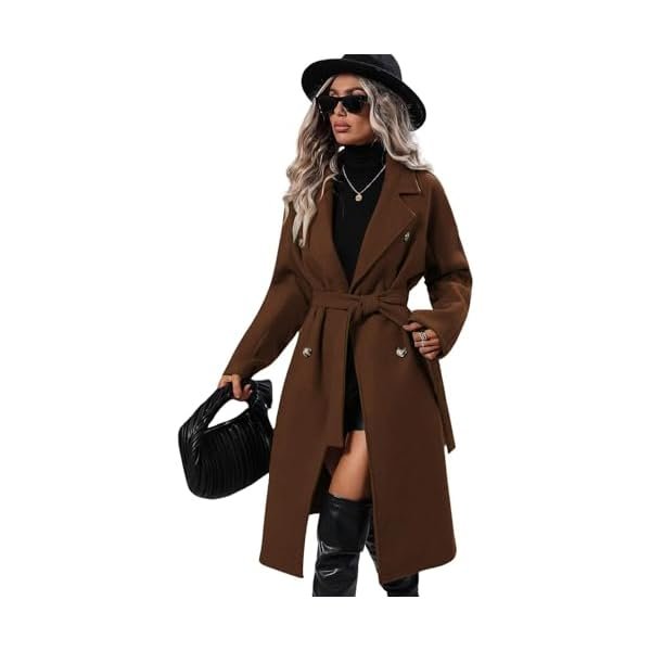Womens Long Wool Pea Coat Notched Lapel Double Breasted Trench Coat Winter Warm Overcoat with Belt