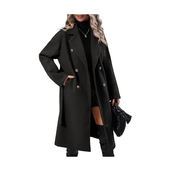 Women Elegant Wool Pea Coat Lapel Collar Double Breasted Mid-Long Winter Overcoats with Belted Pockets
