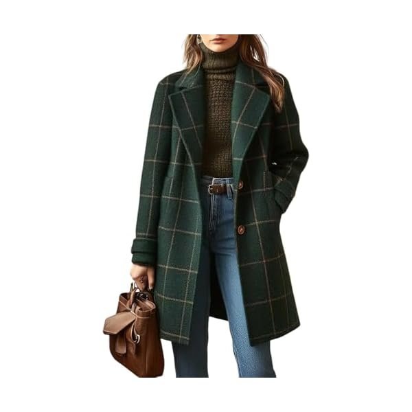 Women's Winter Notched Collar Plaid Wool Trench Coat Button Down Mid Long Overcoat Outerwear
