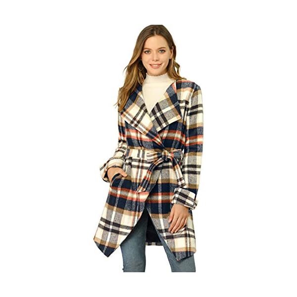 Women's Plaid Belted Wrap Overcoat Shawl Collar Asymmetric Hem Fall Winter Coat