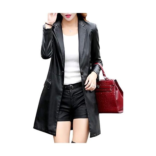 Womens PU Faux Leather Jacket Casual Lapel Long Suit Trench Coat Outerwear