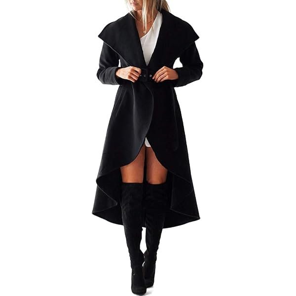 Women's Winter Wool Trench Coat Wrap Large Collar High Low Jacket Outwear with Belt