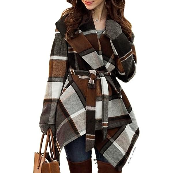Women's Turn Down Shawl Collar Earth Tone Check Asymmetric Hemline Wool Blend Coat