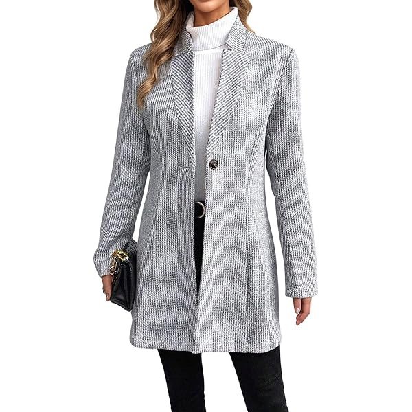Womens Long Sleeve Casual Wool Jacket Blazer 1 Button Winter Coat Mid-Long Stand Collar Open Front Overcoat