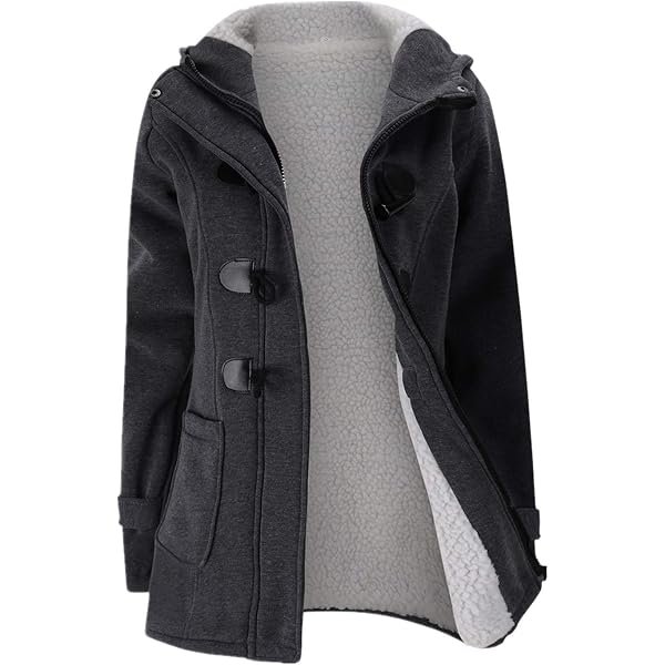 Womens Fashion Horn Button Fleece Thicken Coat with Hood Winter Warm Jacket