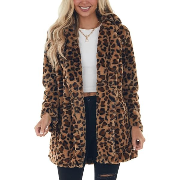 Women's Faux Fur Jackets Autumn Winter Leopard Coats Loose Fur Coat with Pockets
